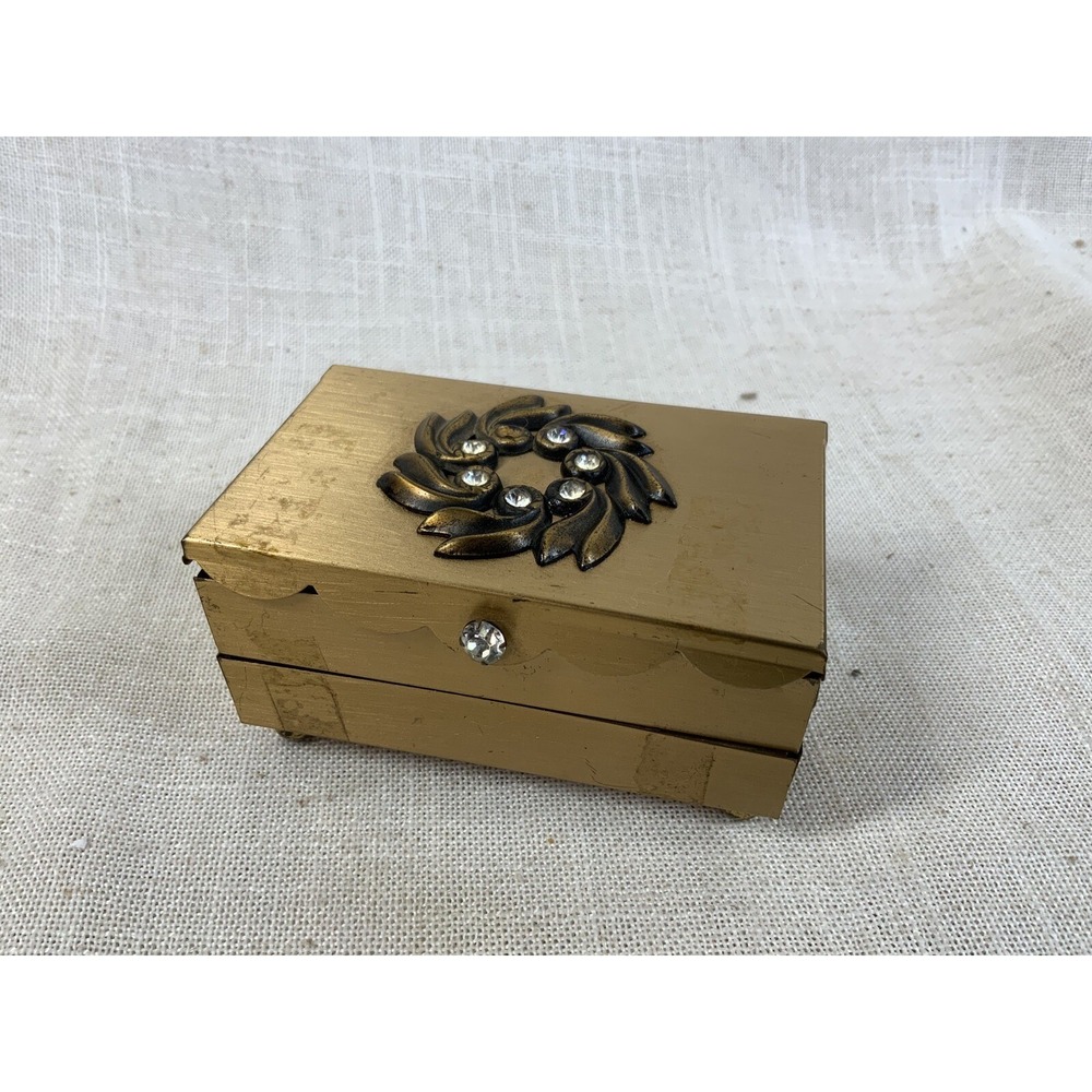 VTG 1950s Metal 2-tier Hinged Gold Jewelry Box Rhinestones Velvet Interior READ